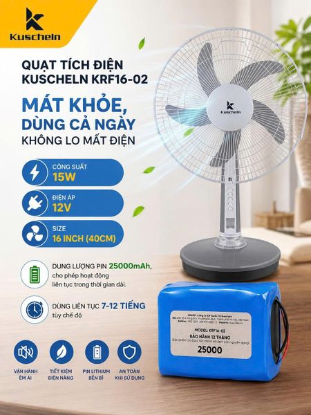 Quạt tích điện Kuscheln KRF16-02 sải cánh lớn 16 inch
