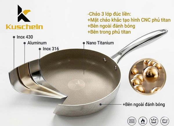 Chảo inox nguyên khối Titan Hera Kuscheln 3 lớp cao cấp
